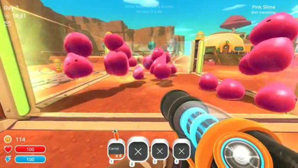 a screenshot of a gameplay of a cozy game: Slime Rancher