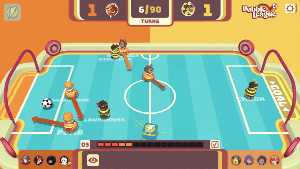 A screenshot of the gameplay of a Discord game named Bobble League.