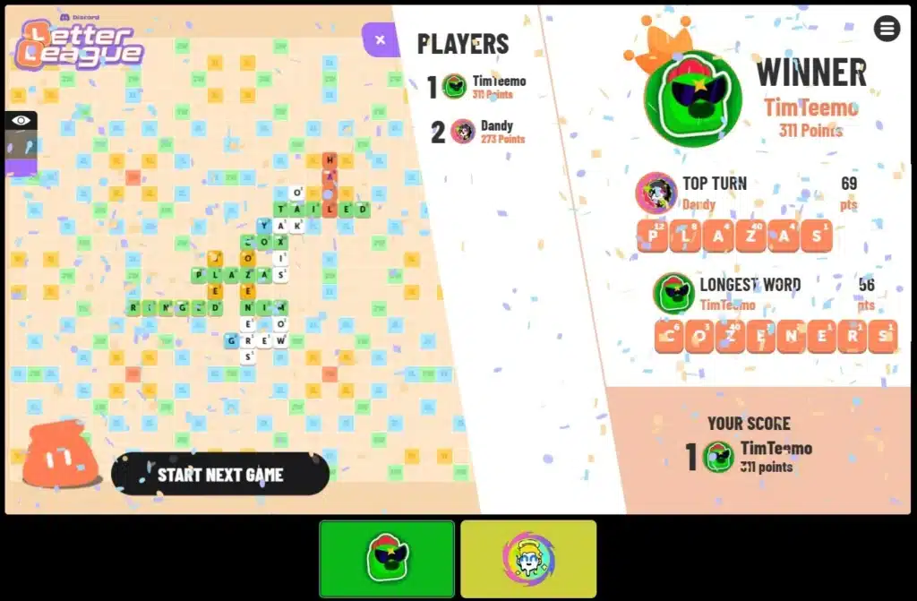 A screenshot of the gameplay of a Discord game named Letter League.