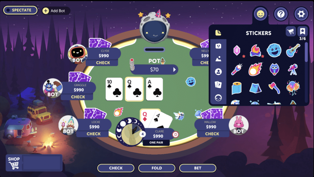 A screenshot of the gameplay of a Discord game named Poker Night.