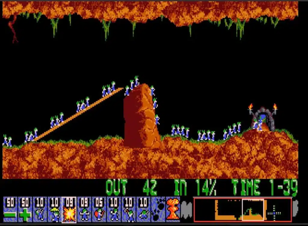 a screenshot of the gameplay of the nostalgic video game: Lemmings